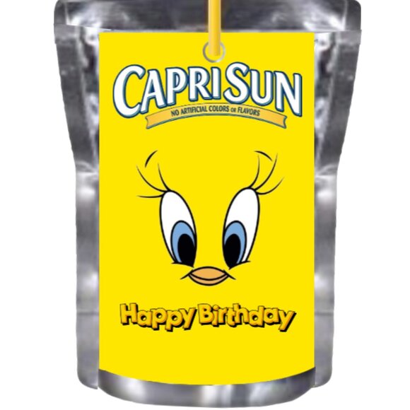Custom Happy Birthday Edition Juice Pouche Labels, Yellow, Set of 12 - Picture 1 of 4